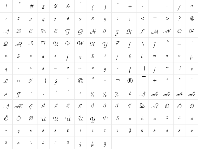 Paradise Regular  glyph index