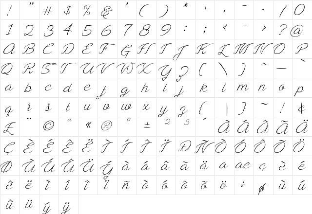 Ayla Script Regular  glyph index