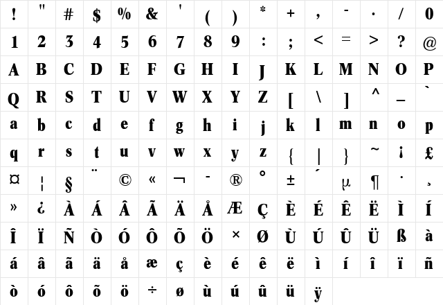 ConcordeCondensedBQ Bold Condensed  glyph index