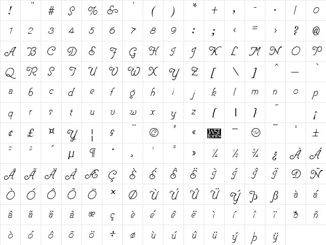 PenTip Regular  glyph index