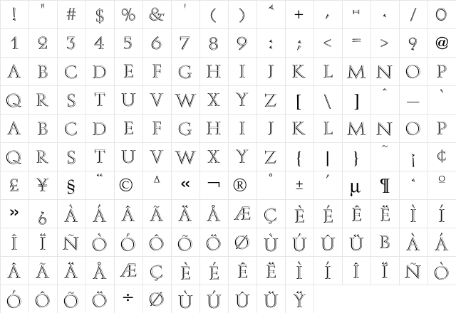 Aurea Inline  glyph index