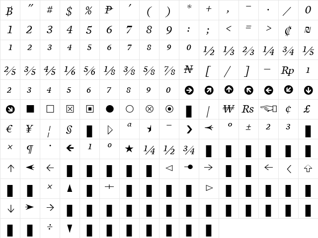Mercury Numeric G1 Italic  glyph index
