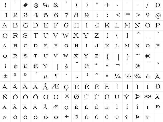 EngravrsRoman BT Regular  glyph index