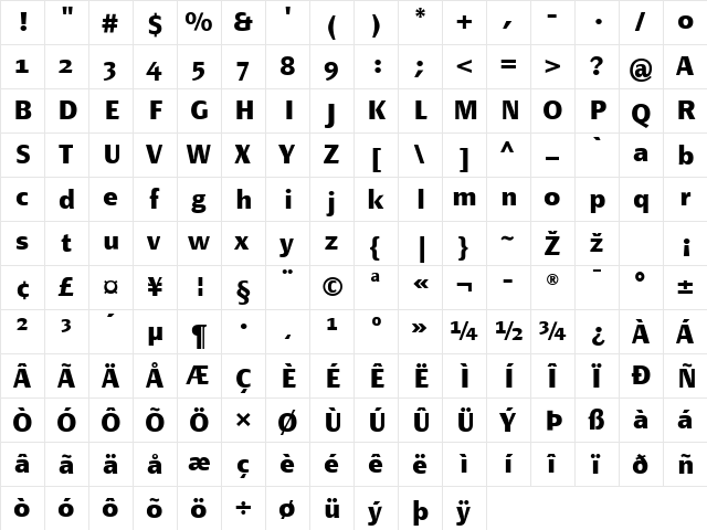 PageSans-Bold Regular  glyph index