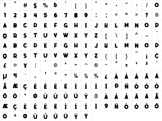 Mencran Regular  glyph index