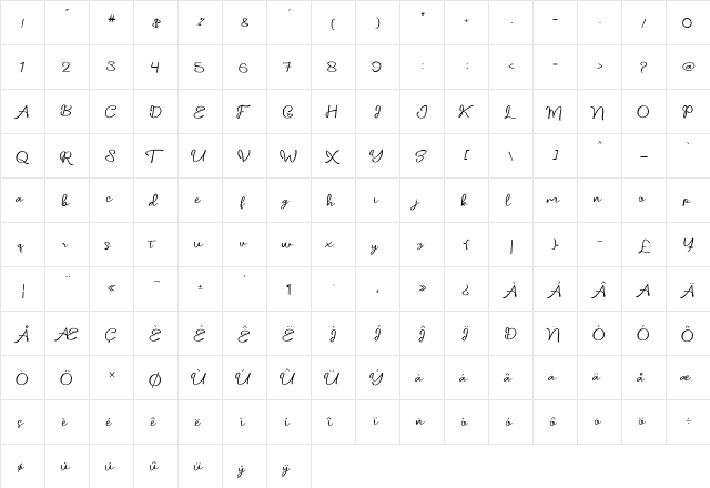 daniella script Regular  glyph index