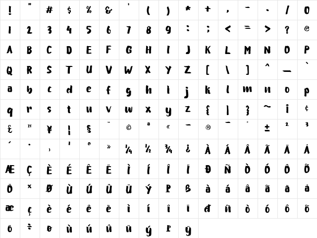 Yakow BRUSH Regular  glyph index