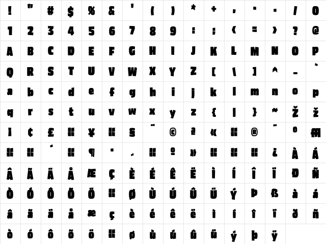 Asphalt Regular  glyph index