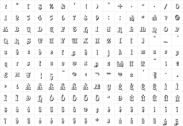 BlackwoodCastleShadow Regular  glyph index