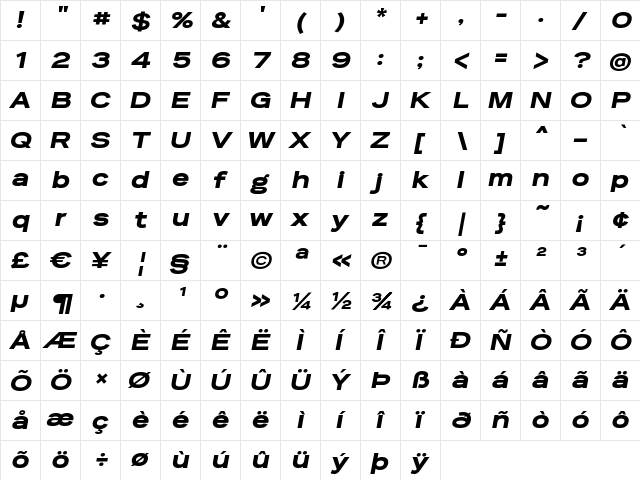 Reservation Wide Black Oblique  glyph index