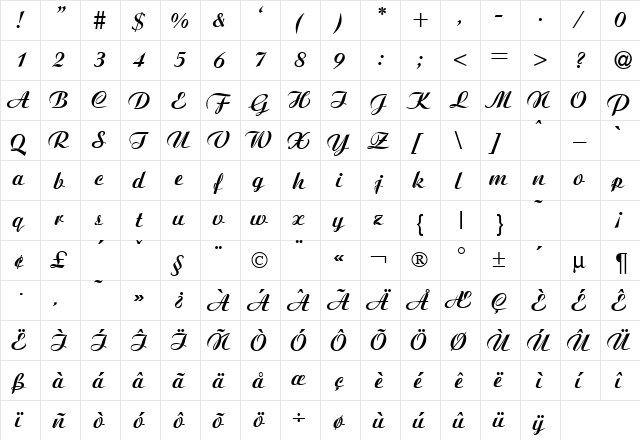 Arioso Bold  glyph index