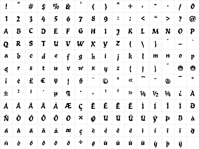 WILD1 Toxia Regular  glyph index