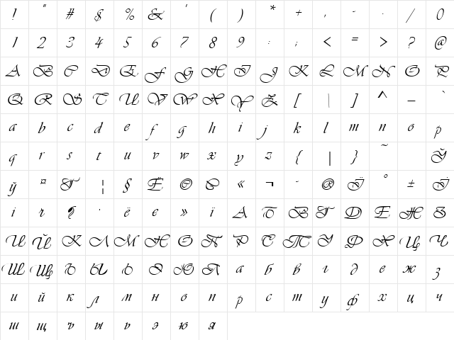 VivaldiD CL Regular  glyph index