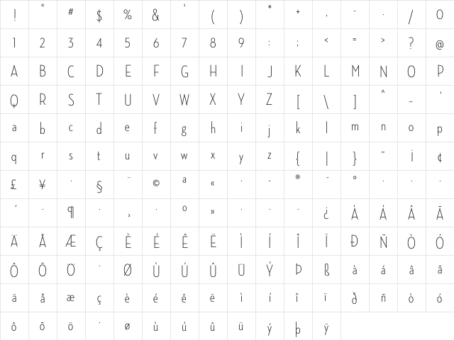Neutraface Condensed Light  glyph index