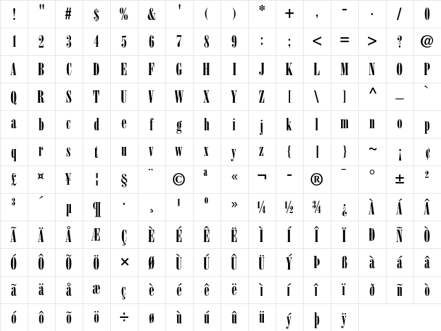 Bodoni Poster Compressed  glyph index