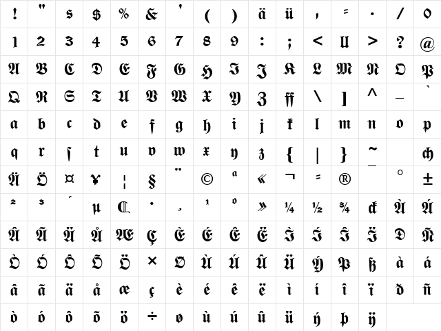 Wittenberger Fraktur MT Dfr Bold  glyph index