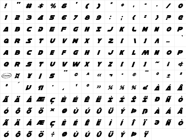 Han Solo Italic Italic  glyph index