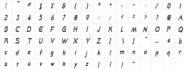 QuasarCondensed Italic  glyph index
