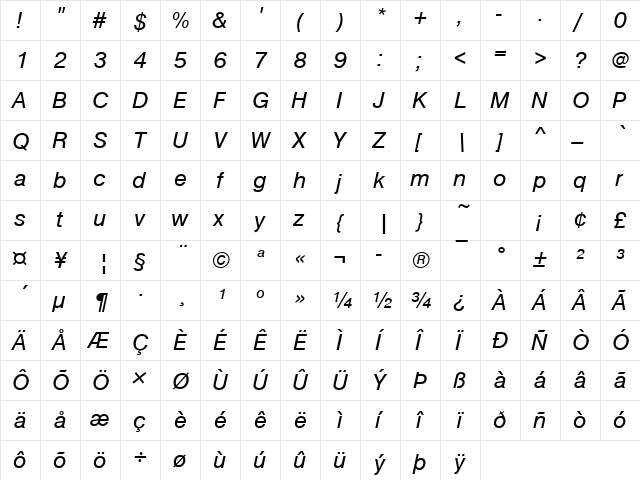 Nimbus Sans Becker D Italic  glyph index