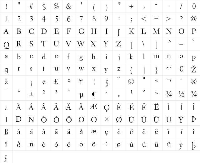 Electra LT Regular Regular  glyph index