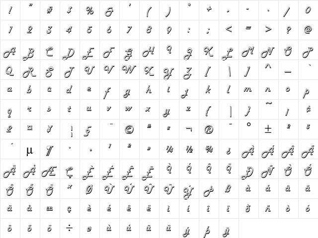 HarlowICG Regular  glyph index