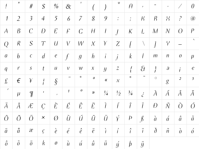 Ellipse ITC Italic  glyph index