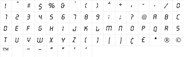 Crystal Italic  glyph index