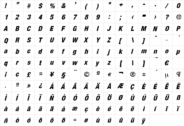 Olnova-ExtraBoldCondIta Regular  glyph index