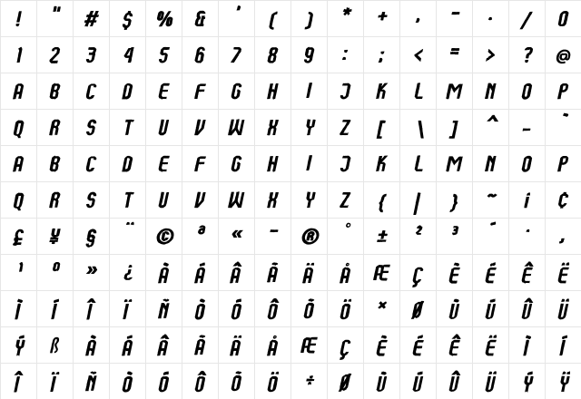 Kumba Brush Italic  glyph index