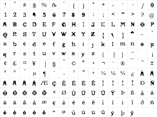 Bookman Old Style Regular  glyph index
