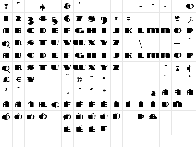 Tara Bulbous Capital Regular  glyph index