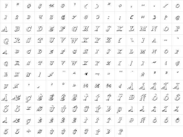 Blood Crow Shadow Italic Italic  glyph index