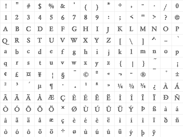 DTCGaramondM09 Regular  glyph index