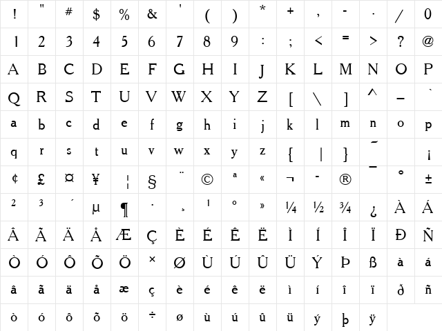 CheltenhamOldStyNo2 Regular  glyph index