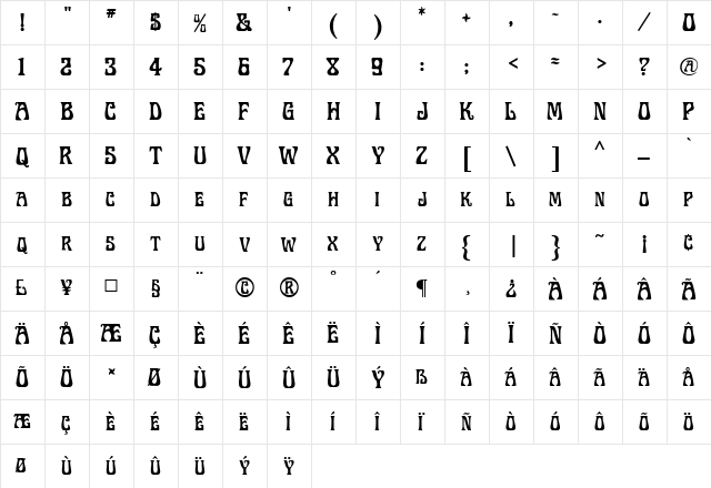 Legrand Regular  glyph index
