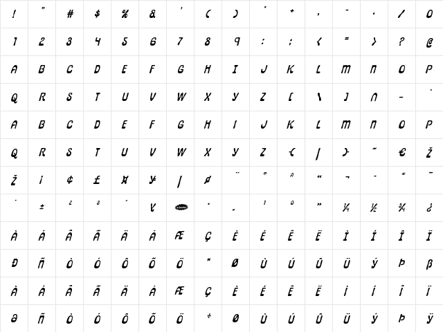Pepperland Expanded Italic Expanded Italic  glyph index