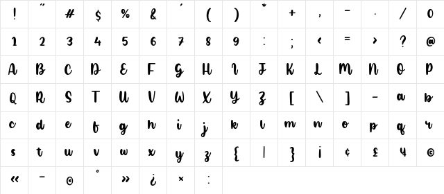 Blonde Unicorn Regular  glyph index