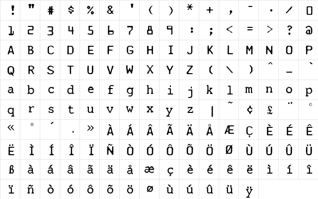 Mainframe-RD Two Lino Regular  glyph index