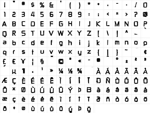 Zekton Ink Regular  glyph index