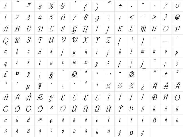Tango-Condensed Bold Italic  glyph index