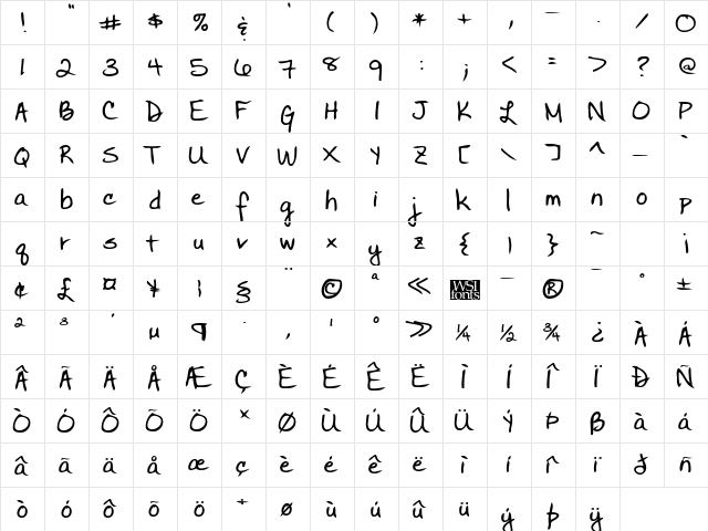 BettysHand Bold  glyph index