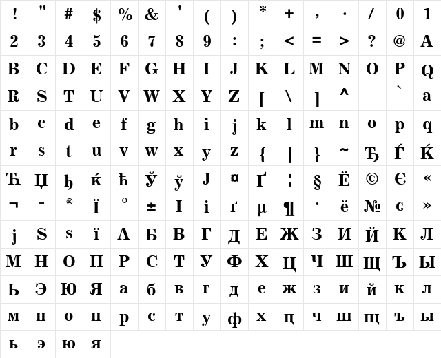 ExcelsiorCyr Upright Bold  glyph index