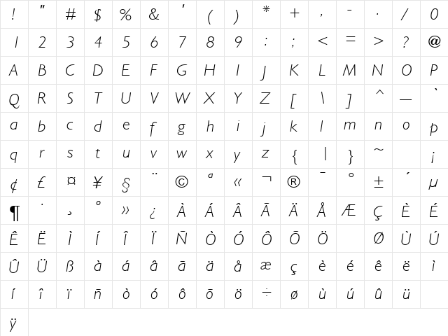 Gentle Sans Light Italic  glyph index