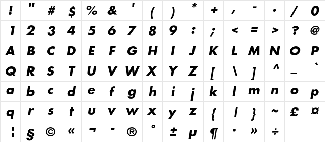 FavoritC Bold Italic  glyph index