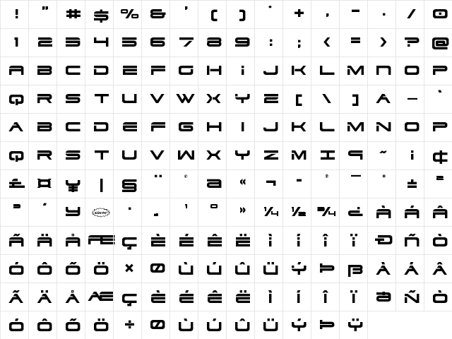 Dodger Title Regular  glyph index