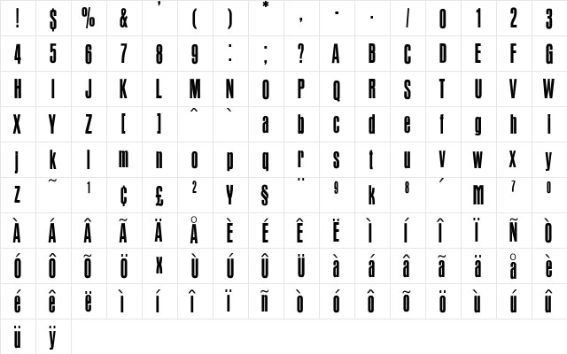 OPTIAuroraCondensed Medium  glyph index