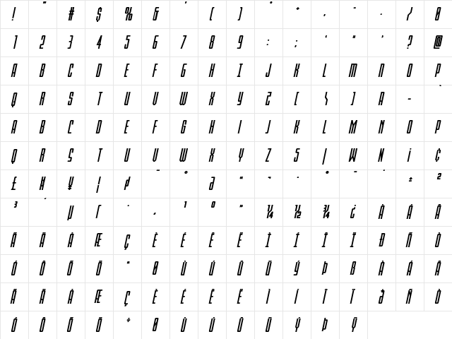 Blue Cobra Bold Expanded Ital Regular  glyph index