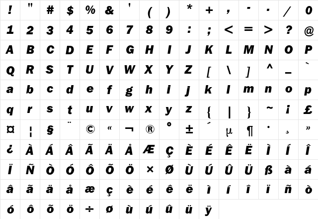 Franklin ITC BQ Regular  glyph index