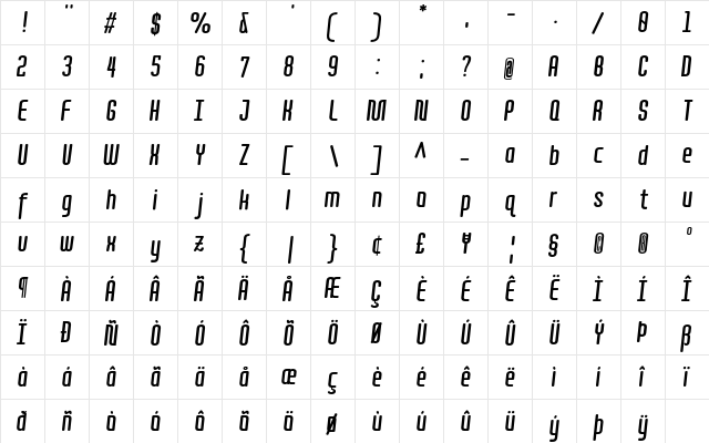 Quota Bold Italic Cond.  glyph index