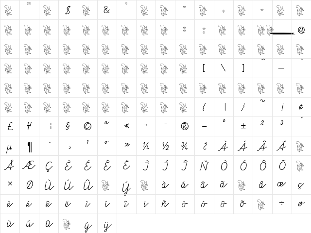 Puscheldance Becker Normal  glyph index